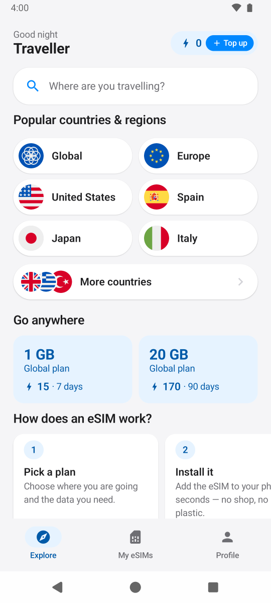 The Milo eSIM app showing popular destinations and global plans